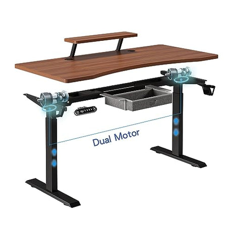 HEONAM Dual Motor Standing Desk with Drawer, 63x30 Inches Electric Height Adjustable Sit Stand Up Desk with Storage Shelf, Home Office Desk Computer Workstation with Walnut Top/Black Frame HEONAM