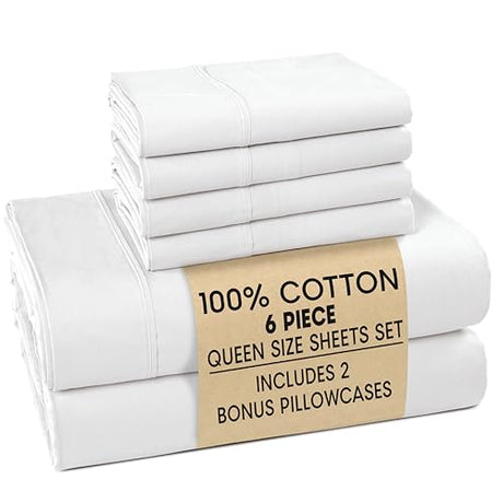 Casa Platino Queen Sheets Set –100% Cotton Queen Sheets with 4 Pillowcases, Lightweight Feel & Secure Fit, Crisp & Breathable Percale Weave with 15" Deep Pocket, Soft and Cozy – Pure White Casa Platino
