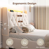 Twin LED Velvet Bed Frame with 2 Storage Drawers&Hidden Headboard, Upholstered Platform Bed with Charging Station&Button Tufted Design, Wooden Slats Support, Box Spring Optional, Easy Assembly, Beige Jocoevol