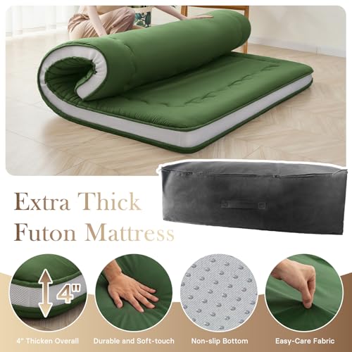 Auemtyn Japanese Floor Mattress, 4" Japanese Futon Mattress, Foldable & Portable Shiki Futon (shikibuton), Roll Up Thicken Sleeping Tatami Mat Sleeping Pad for Camping (Green, 54 x 80) Auemtyn