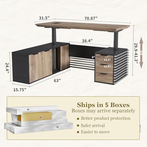 SAINTCY 70.87In L Shaped Executive Standing Desk with Drawers, Large Modern Adjustable Heigh Home Office Desk w/File Cabinet, AC/USB, Business Workstation, Black and Warm Oak SAINTCY