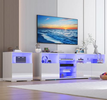 jiteentarou 79IN LED TV Stand for 75/80/85inch TV,High Glossy Modern TV Stand for Living Room,TV Entertainment Center with Adjustable Storage Shelf,RGB LED Lighting,TV Console(White) - WoodArtSupply