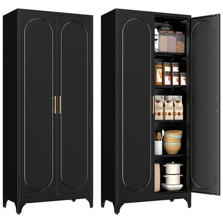 Polup Pantry Cabinet, 75 Inch Tall Kitchen Storage Cabinet, Metal Pantry Cabinets with Doors and Adjustable Shelves, Black Freestanding Food Cupboard for Living, Dinning Room-Assembly Required Polup