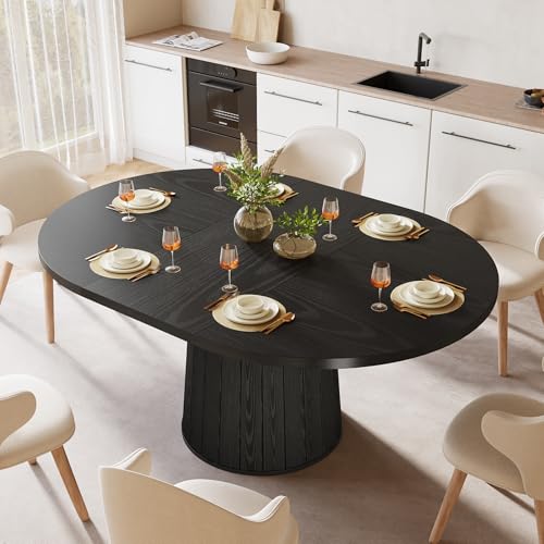 Tribesigns Oval Dining Table for 6 People, 55.11-Inch Farmhouse Kitchen Dinner Table with Cylindrical Pedestal (All Black) Tribesigns