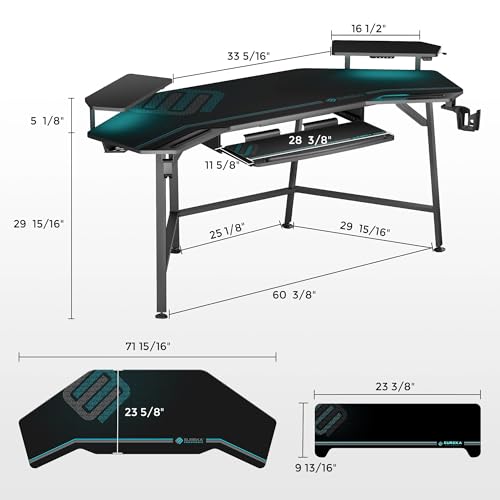 EUREKA ERGONOMIC Aero 72 Inch Gaming Desk with Keyboard Tray, Large Computer Desk Led Lights, Wing-Shaped Monitor Stand Dual Headphone Hanger Cup Holder for Studio,Streamer,Live,Black EUREKA ERGONOMIC
