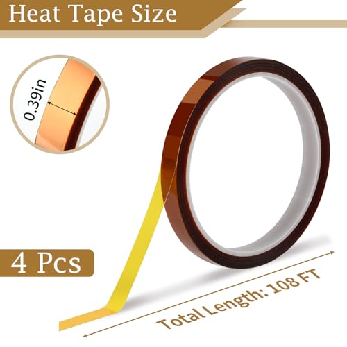 PEASUG Heat Tape, 4 Rolls High Temperature Heat Resistant Tape, Adhesive Heat Tape for Sublimation, Heat Press, Electronics, Soldering, Circuit Board, 10mm x33m(108ft) PEASUG