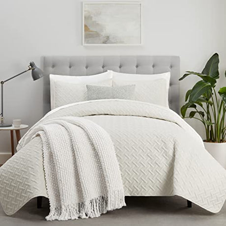 Serta ComfortSure Soft 3-Piece Full/Queen Quilt Bedding Set, Includes Bedspread/Coverlet and Pillow Shams, Bedding for All Seasons, Machine Washable, Ivory Serta