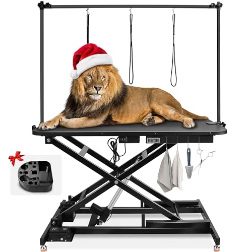 Innvello 49.2" Electric Grooming Table for Large Dogs, Foldable Hydraulic Height Adjustable Home Indoors with Overhead Grooming Arm, Clamps, Foot Control and 3 Nooses Suitable for Cat&Dog/Black