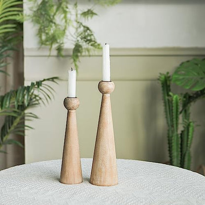 NIKKY HOME Wood Taper Candle Holders Set of 2, Farmhouse Tall Candle Stand Decorative Candlestick for Wedding Party Mantle Fireplace Dining Room Table Centerpieces Decor - WoodArtSupply