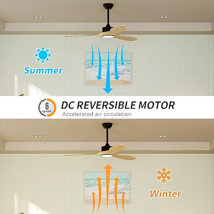 REVOICI Ceiling Fans with Lights Remote 52inch Natural Solid Wood Fan Timing 6Speeds Silent Reversible DC Motor 3CCT LED Light with Memory Lighting Function Indoor Outdoor Fan Farmhouse Bedro - WoodArtSupply