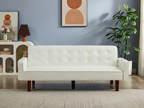 Zaboro Futon Sofa Bed, Convertible Sleeper Sofa, Loveseat Couch PU Leather Sofabed with Wooden Legs for Small Spaces Room Home Office Hotel with Adjustable Backrest, Reclining (White) Zaboro