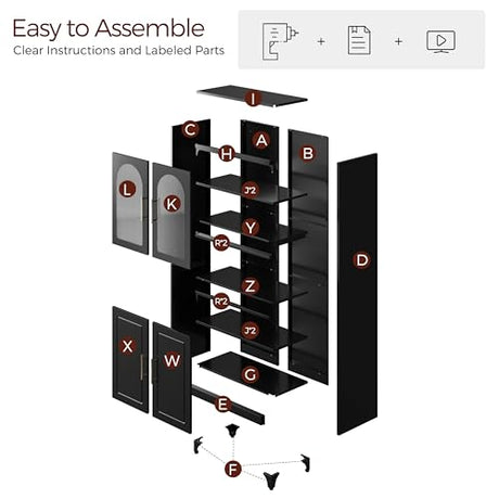 Kubohogar 75" Tall Kitchen Pantry Cabinet, Metal Storage Cabinets with Acrylic Doors and Adjustable Shelves, Hutch Cabinet with Storage, Black Microwave Stand Cabinets for Dining Living Room Kubohogar