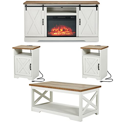 AMERLIFE 5-Piece Farmhouse Table Set Includes Fireplace TV Stand, Coffee Table& Two End Tables with Charging Station and USB Ports, for Living Room, Distressed White, 59"