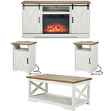 AMERLIFE 5-Piece Farmhouse Table Set Includes Fireplace TV Stand, Coffee Table& Two End Tables with Charging Station and USB Ports, for Living Room, Distressed White, 59" AMERLIFE