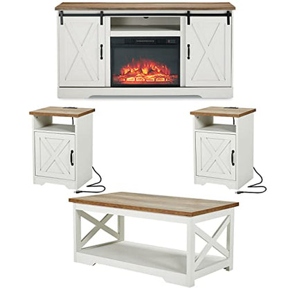 AMERLIFE 5-Piece Farmhouse Table Set Includes Fireplace TV Stand, Coffee Table& Two End Tables with Charging Station and USB Ports, for Living Room, Distressed White, 59"