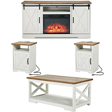 AMERLIFE 5-Piece Farmhouse Table Set Includes Fireplace TV Stand, Coffee Table& Two End Tables with Charging Station and USB Ports, for Living Room, Distressed White, 59" AMERLIFE