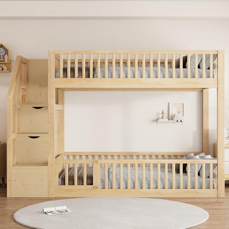 Merax Twin Over Twin Floor Bunk Bed with Storage Ladder and Guardrails, Wood Twin Bunk Bed for Kids Teens Adult, Natural Merax
