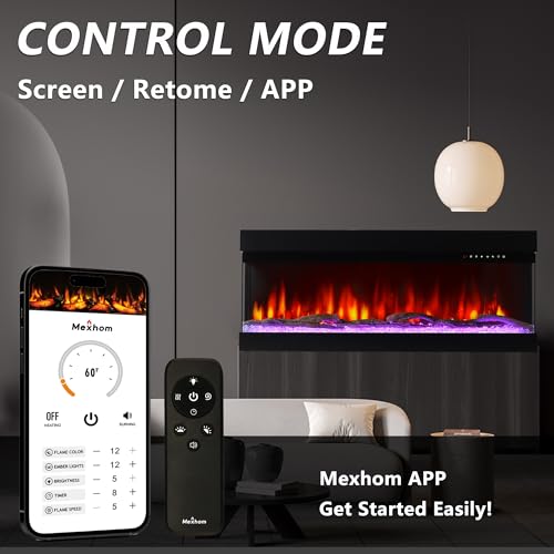 Mexhom 3 Sided Glass Built-in 36" Electric Fireplace - Multi-Color Flames, Heater, DIY Crystal & Log Set, Smart App & Remote Control Mexhom