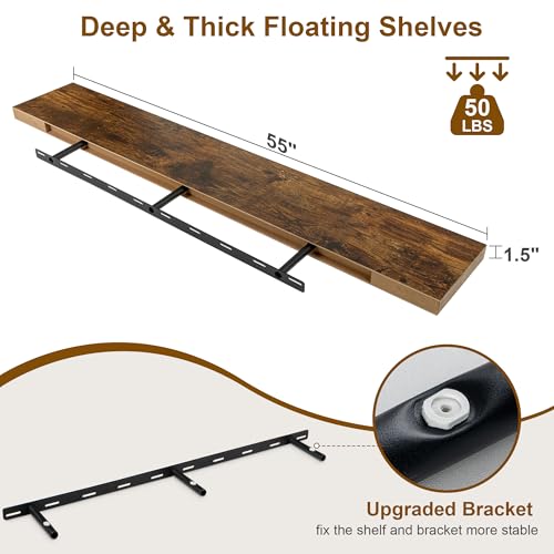 Fun Memories 55 Inch Fireplace Mantel Shelf -Long Floating Shelf, Wall Mounted Farmhouse Display Shelf with Invisible Heavy Duty Metal Bracket, Brown Fun Memories