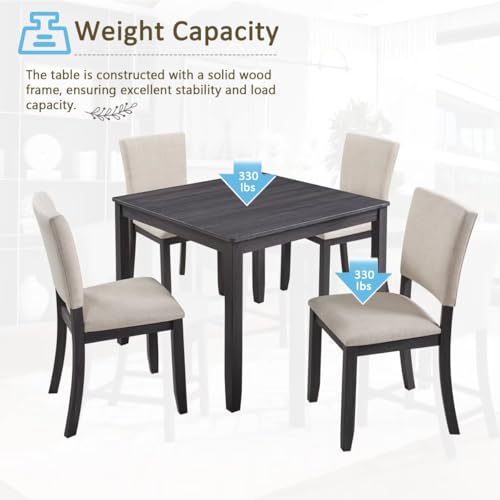 JIJIWANG Modern 4 Person Dining Table Set with 4 Chairs, Dining Table Set for 4 People, 5-Piece Wooden Dining Table Sets for Living Room, Kitchen and Dining Room, Antique Black + Beige JIJIWANG