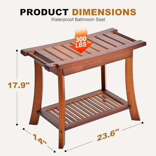 Jekruiet Teak Shower Chair Stool, 24 Inch Shower Bench Seat, Wooden Bathroom Bench with Storage Shelf for Adults, Elderly, Disabled Indoor & Outdoor Use Jekruiet