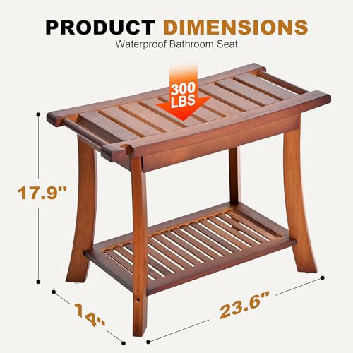 Jekruiet Teak Shower Chair Stool, 24 Inch Shower Bench Seat, Wooden Bathroom Bench with Storage Shelf for Adults, Elderly, Disabled Indoor & Outdoor Use - WoodArtSupply