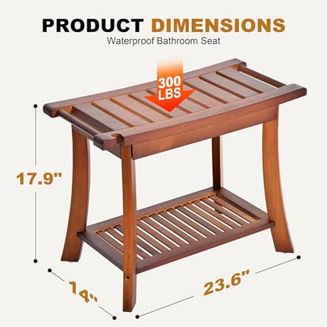 Jekruiet Teak Shower Chair Stool, 24 Inch Shower Bench Seat, Wooden Bathroom Bench with Storage Shelf for Adults, Elderly, Disabled Indoor & Outdoor Use Jekruiet