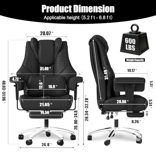 600lbs Big and Tall Office Chair, Wide Ergonomic Leather Executive Chair for Heavy People with Foot Rest, High-Back Reclining Computer Chair with Swivel Wheels and Lumbar Support (Black) Box DesignLab