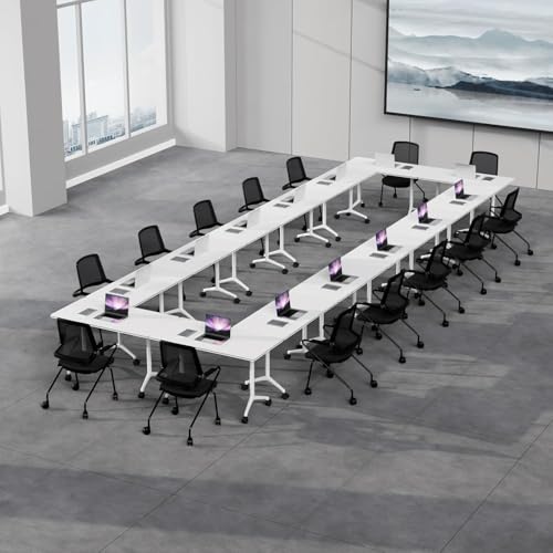 AKSOUDEW Folding Conference Table, Rectangular Conference Room Tables, Mobile Modular Training Table, Solid Steel Frame,Thickened Panel,for Schools,Meeting Room and Offices (4PCS, 71in) AKSOUDEW