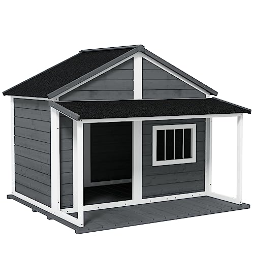PawHut Outdoor Dog House Cabin Style, Wooden Raised Pet Kennel with Asphalt Roof, Front Door, Side Window, Porch for Medium/Large Dogs, Loading 53 Lbs., Grey PawHut