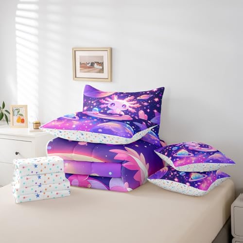 Feelyou Kids Cute Axolotl Comforter Set with Sheets Queen Size, Galaxy Planet Space 7 Pieces Bedding Set Boys Girls Cartoon Animal Bed in A Bag Dreamy Starry Teens Bed Set Bedroom Decor 7Pcs Feelyou
