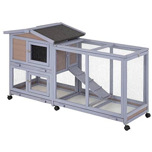 Wood Rabbit Hutch Rabbit Cage Bunny Hutch Rolling Large Bunny Cage Indoor Outdoor Two Story Guinea Pig Hutch Rabbit House with Wheels&Waterproof Roof,Grey