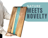 Visually Stunning Celeste Blue Resin + Acacia Wood Serving Board with Handles - 16x19 Serving Tray for Food, Breakfast in Bed, Coffee Table, Decor, Skincare Organization, Snacks, Patio, BBQ, Lap Tray Comfify