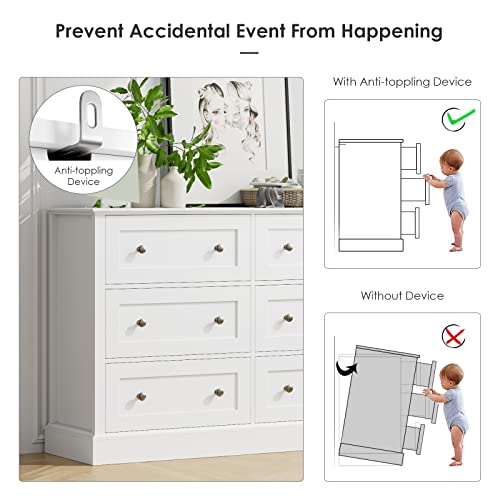FACBOTALL Modern 6 Drawer Double Dresser, White Dresser Wood Dresser, Wide Chest of Drawers with Deep Drawers & Mental Double Handles Nursery Dresser for Living Room, Hallway FACBOTALL