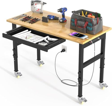 Adjustable Heavy Duty Workbench with Drawers,Rubber Wood Top Working Table, 2500 LBS Load Capacity DUSACOM