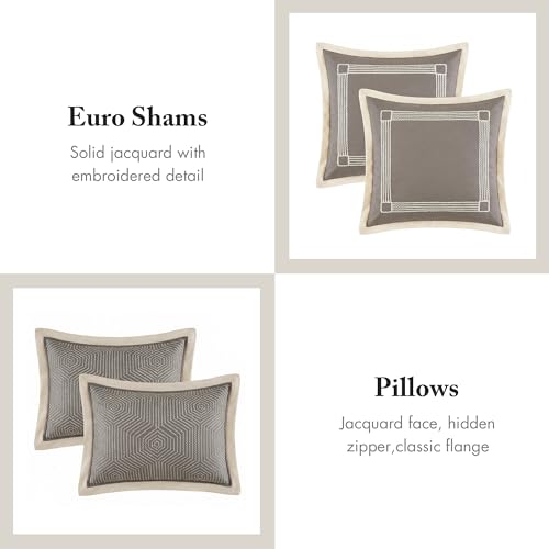 Madison Park Signature Cozy Comforter Set - All Season Bedding Combo Filled Insert and Removable Duvet Cover, Shams, Decorative Pillows, King (110 in x 96 in), Geometric Grey 10 Piece Madison Park