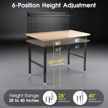 48" Adjustable Work Bench with Drawers, Workbench for Garage with Strip Light, Work Table with Large Pegboard, 2000 LBS Heavy Duty Table with Power Outlet Rubber Wood for Office, Workshop FIXCHIGO