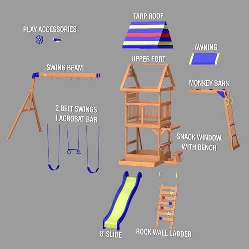 Backyard Discovery Beach Front All Cedar Wooden Swing Set with Monkey Bars, Large Upper Deck with Canopy, Ships Wheel, Play Telescope, Sandbox, Snack Bench, Rock Wall Backyard Discovery