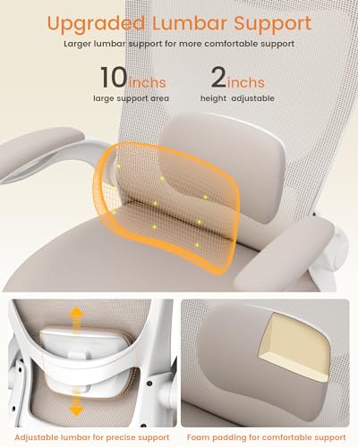 MUXX.STIL Office Chair, Ergonomic Desk Chair with Adjustable Lumbar Support and Flip up Armrest, Breathable Mesh Computer Chair for Home Office, Khaki MUXX.STIL
