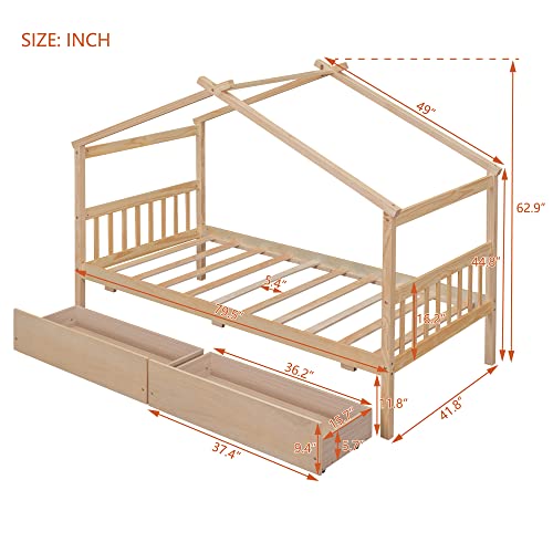 Merax Natural Twin Size Wooden House Bed with Two Storage Drawers for Kids and Teens - WoodArtSupply