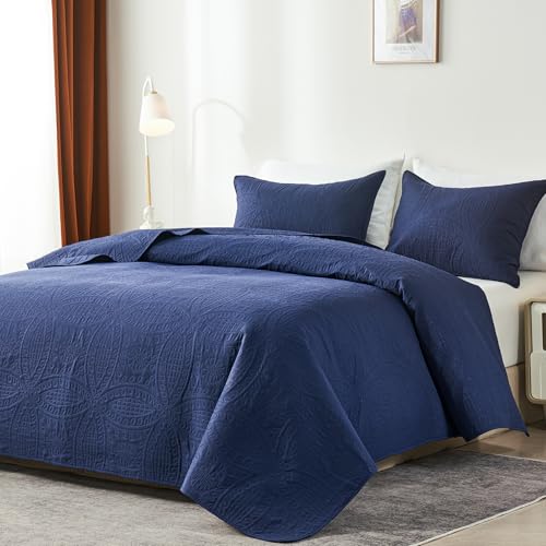 akkialla Queen Quilt Bedding Set,Navy Blue Ultrasonic Full/Queen Quilt Set,Lightweight Soft Bedspread Coverlet,Modern Style Coin Pattern Bed Cover for All Seasons,3 Piece(1 Quilt,2 Pillow Shams) akkialla
