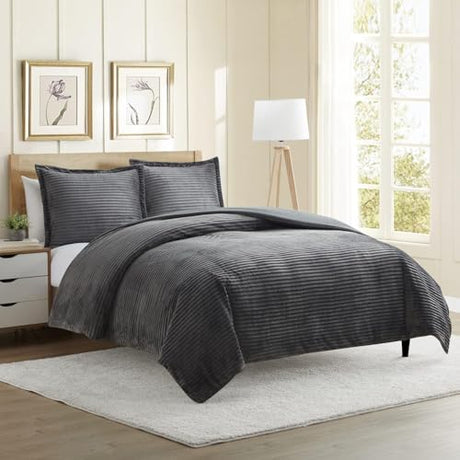 Hearth & Harbor Premium Flannel Duvet Cover Set - 3 PC Reversible Full Comforter Cover Set with Microfiber Back - 1 Velvet Duvet Cover Full & 2 Pillow Shams 80 x 90 inches - Charcoal Gray Hearth & Harbor
