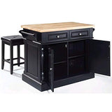 Pemberly Row Wood Butcher Block Top Kitchen Island with Square Stools in Black Pemberly Row