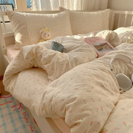 VM VOUGEMARKET Full Comforter Set Vintage Pink Flower Comforter with Romantic Lace Trim Soft Lightweight Bedding Set for Teen Girls-80 x90 VM VOUGEMARKET
