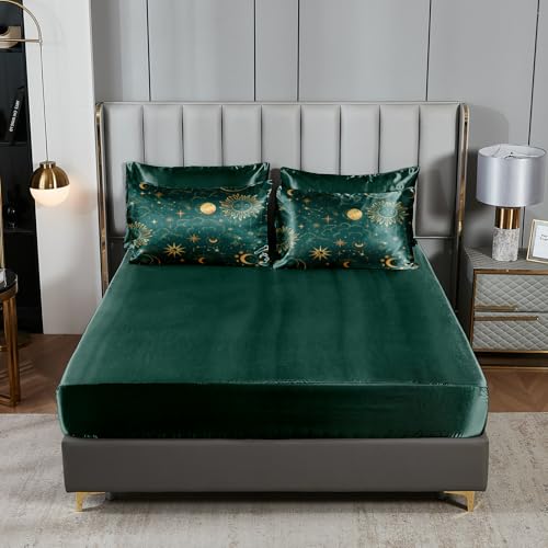 Sun and Moon Comforter Set Blue Green Satin Bedding King Stars Cloud Galaxy Comforter Mysterious Celestial Theme Silk Like Silky Bed in A Bag with Comforter and Sheets Bedorm