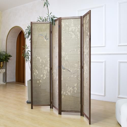 Furnnylane 4 Panel Room Divider Screen and Folding Panel Screen,Double Sided Bamboo Divider for Room Separation,White Plum and Birds,67" H x 63" W,67" H x 63" W Furnnylane