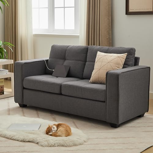 TYBOATLE 65" W Morden Linen Fabric Sofa Couch w/ 2 USB Charging Ports and Wide Arms, Mid-Century Comfy Upholstered Loveseat Couches for Living Room, Bedroom, Office, Easy Assembly (Dark Grey) TYBOATLE