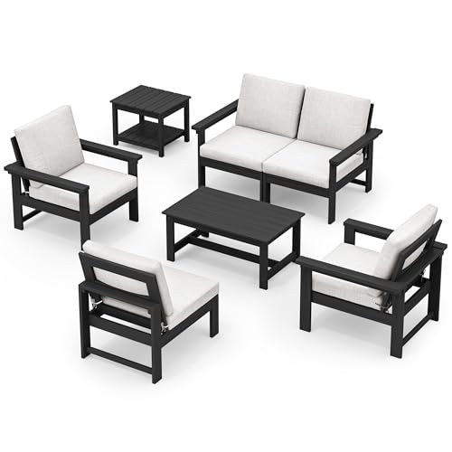 SERWALL HDPE Outdoor Patio Furniture Set, 7-Piece Outdoor Sectional Patio Conversation Set, All Weather Outdoor Couch Set Patio Sofa Set for Deck, Lawn, Black Frame with Khaki Cushion SERWALL