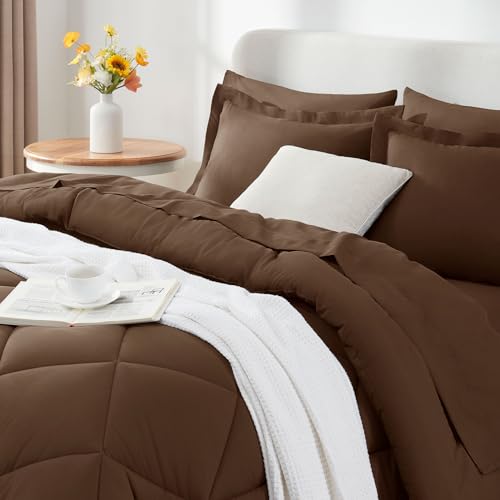 CozyLux Full Size Comforter Sets Brown - 7 Pieces Bed in a Bag Full, Luxury Soft Bed Set for All Seasons, Bedding Set with Down Alternative Comforter, Sheets, Pillowcases & Shams