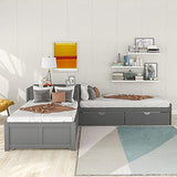 Merax L-Shaped Platform Bed with Trundle, Drawers and Built-in Desk, Wood Bed for Teens, L Shaped Twin Bed, Grey Merax